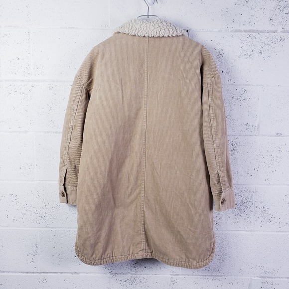 Lucky Brand Womens Large Long Corduroy Jacket Faux Fur Collar Tan Button Front - Picture 2 of 10